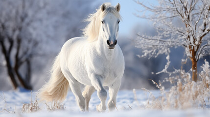 Beautiful white stallion in winter landscape. Portrait of a horse. Beautiful white horse with long mane walking in winter snowy field.  - obrazy, fototapety, plakaty