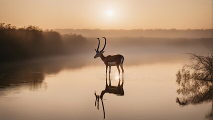 gazelle drinking from a foggy and cloudy river at sunrise - obrazy, fototapety, plakaty