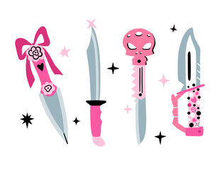 Pink Combat Knife Set. Collection of four knives with roses, rhinestones and precious stones in women’s style.
