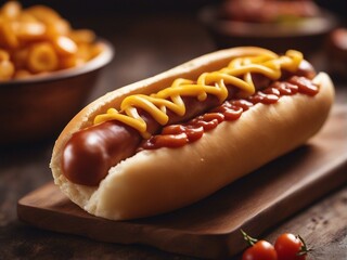  hot dog at fast food restaurant, food court, street restaurant. isolated blurry background