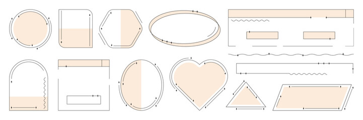 Set of geometric abstract frame in trendy style. Figures with sparks, zigzags, circles. Minimal forms for web design, posters, social media, etc.