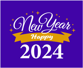 Happy New Year 2024 Abstract Yellow And White Logo Symbol Design Vector Illustration With Purple Background