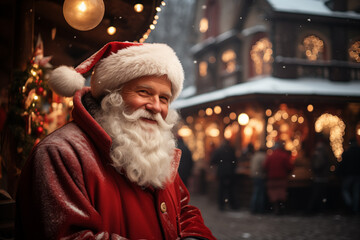 portrait of cheerful Santa Claus on Christmas market decorated with festive lights. Wishing you a merry Christmas