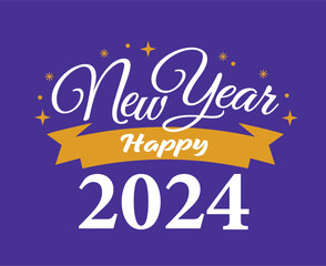 Happy New Year 2024 Abstract Yellow And White Logo Symbol Design Vector Illustration With Purple Background