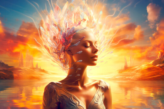 zen mind young woman body connection beautiful background 