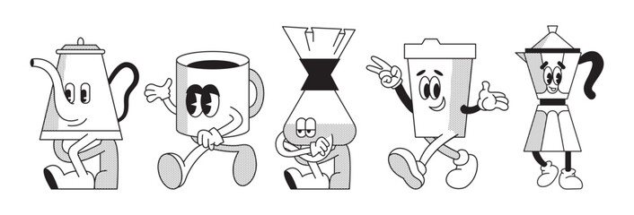 Set of retro cartoon funny characters mascot style. Vintage drink illustration. Latte, cappuccino, coffee cup, fresh juice mascot. Nostalgia 60, 70s, 80s. Print for cafe. Vector isolated on background