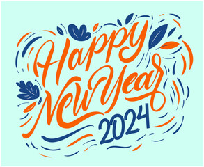 Obraz premium Happy New Year 2024 Abstract Blue And Orange Logo Symbol Design Vector Illustration With Cyan Background