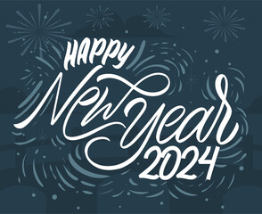 Happy New Year 2024 Abstract White Logo Symbol Design Vector Illustration With Blue Background