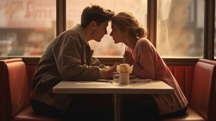 Couple having a romantic date and meal in vintage cafe. Teenagers almost kissing, holding hands close. Beautiful relationship. First love. - obrazy, fototapety, plakaty