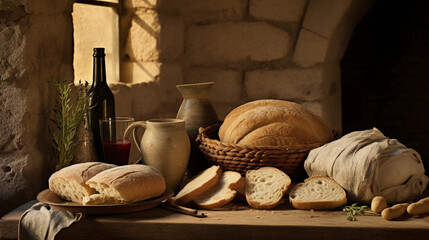 Bread and wine for holy last supper. Bible symbol tradition of church.