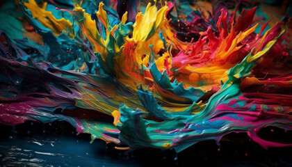 Vibrant colors mix in chaotic fantasy of liquid shapes and curves generated by AI