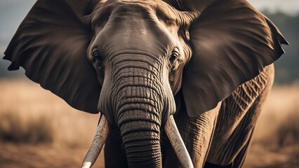 male African elephant with large fangs on the road - obrazy, fototapety, plakaty