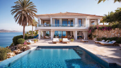 A Mediterranean luxury villa with pool and sea views.