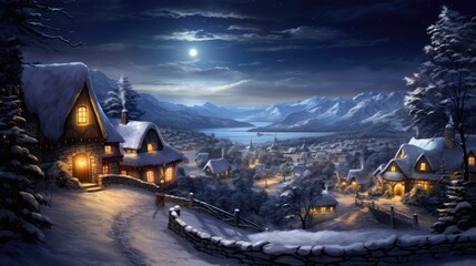  a painting of a snowy night with a cabin in the foreground and a full moon in the sky above.  generative ai