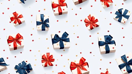 Obraz premium a lot of presents that are wrapped in red, white, and blue ribbon with stars on a light blue background. generative ai