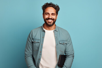 Fototapeta premium Content Male Freelancer Holding Digital Tablet, Pastel Background