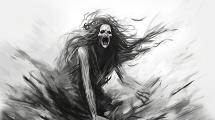 Fototapeta premium A black and white horror-themed drawing. A terrifying image of an evil creature.