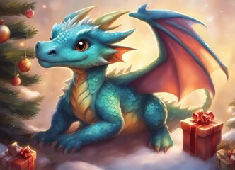 A hyper realistic cute cartoon dragon creature dressed for Christmas.Happy New Year 2024