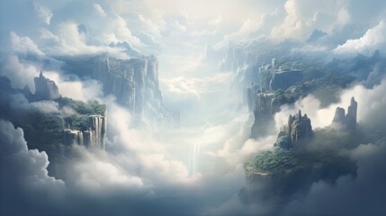 Fototapeta premium a digital painting of a fantasy landscape with a waterfall in the middle of the clouds and a waterfall in the middle of the sky. generative ai