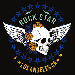 Rock star. Winged skull t-shirt design surrounded by stars isolated on black.