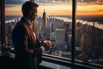 A man standing in front of a window holding a cup of morning coffee. Cityscape on background. - obrazy, fototapety, plakaty