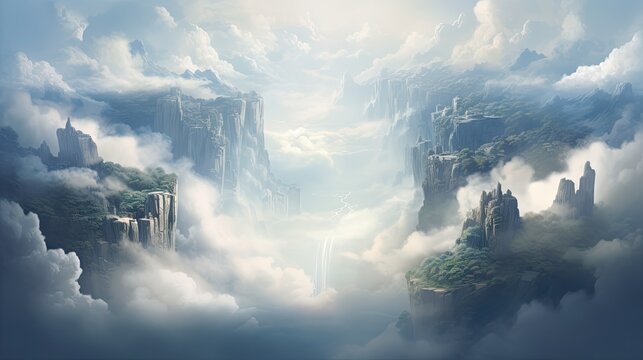  a digital painting of a fantasy landscape with a waterfall in the middle of the clouds and a waterfall in the middle of the sky.  generative ai