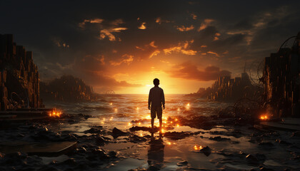 Fototapeta premium Silhouette of adults standing, reflecting on tranquil sunset over cityscape generated by AI