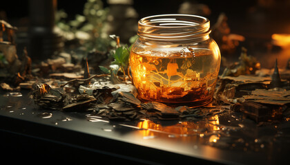 Fototapeta premium Nature flame glows in the dark, a rustic autumn celebration generated by AI