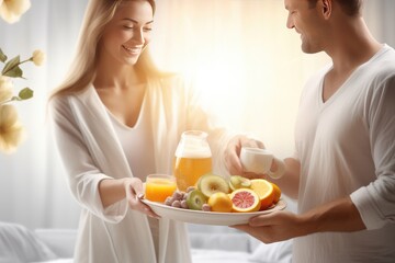 Obraz na płótnie Canvas A husband in love brings his wife breakfast