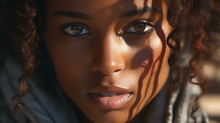 A close-up eye of a modern black woman, her eyes reflecting strength and grace. generative AI - Powered by Adobe