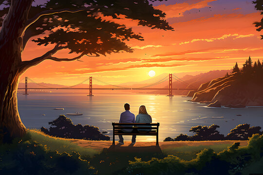 Couple sitting on bench at sunset