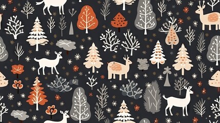  a pattern of deer, trees, and snowflakes on a dark background with stars and snowflakes.  generative ai - obrazy, fototapety, plakaty
