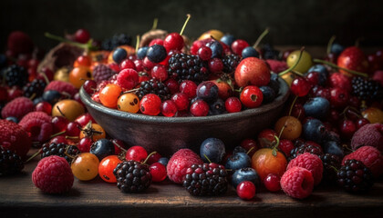 A rustic bowl of juicy, multi colored berry fruits for dessert generated by AI