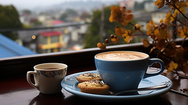 A cup of coffee on a "Blue Monday" morning with a gloomy view outside