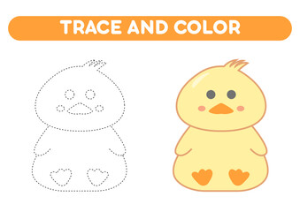 Trace and color cute duck. Worksheet for kids