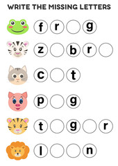 Educational game for kids Fill in the missing letters. Printable worksheets