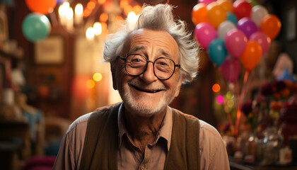Smiling senior adult celebrating retirement, joyful and confident, holding balloon generated by AI