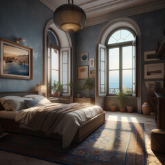 Mediterranean style interior of bedroom.