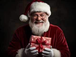 Smiling Santa Claus, with gift box in his hands on a colored background. Generated by AI