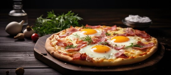 A mouthwatering pizza with savory ham flavorful onions and perfectly fried eggs situated in the center complemented by a backdrop of a dark wooden table in a subtly lit setting