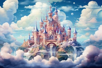 Whimsical cloud castles, floating high above the world, accessible only to dreamers - Generative AI - obrazy, fototapety, plakaty