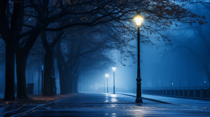 A single, glowing streetlamp on a foggy "Blue Monday" evening