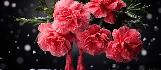 A carnation holds up knitted mittens for winter
