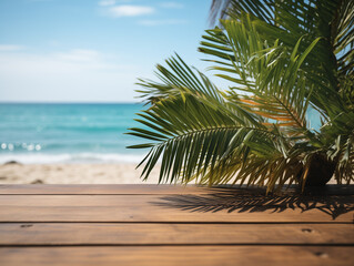 Tropical sea beach mockup template and palm leaf background. Generated by AI
