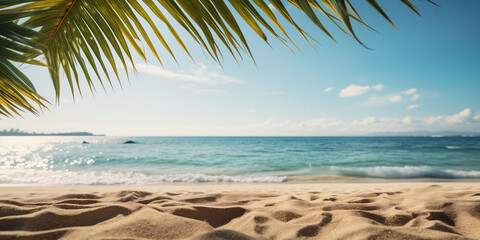 Fototapeta na wymiar Tropical sea beach mockup template and palm leaf background. Generated by AI