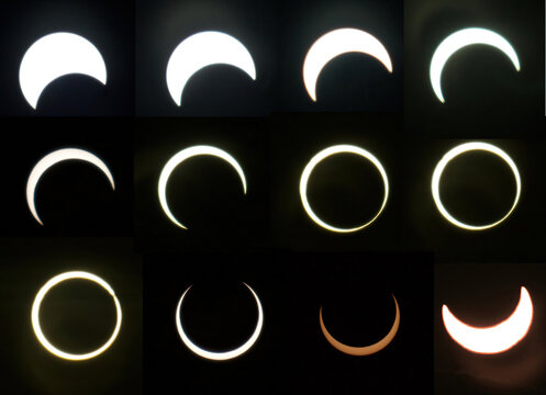 S&eacute;rie de fotografias que mostra na evolu&ccedil;&atilde;o do  eclipse solar de 14 de outubro de 2023 como visto no estado da Para&iacute;ba, nordeste do Brasil. 