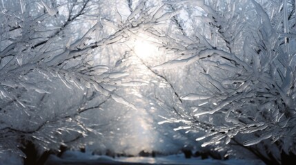 Obraz premium the sun shines through the ice - covered branches of a tree in a snowy park on a cold winter day. generative ai