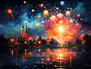 Fireworks over the river illustration. Generated by AI