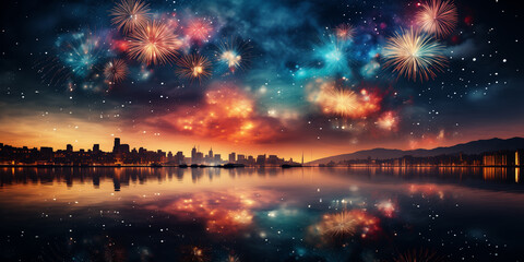 Fireworks over the river illustration. Generated by AI
