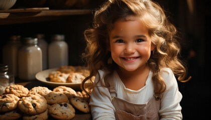 A cute, smiling girl enjoying homemade cookies in the kitchen generated by AI